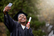Black girl, selfie and diploma for graduation in outdoor, certificate and college or education achievement. Female person, student and degree for learning award, scroll and social media at university