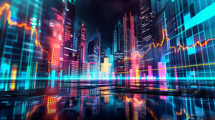 Wall Mural - Futuristic Cityscape with Vibrant Financial Graphs Overlay, Concept of Economic Dynamics