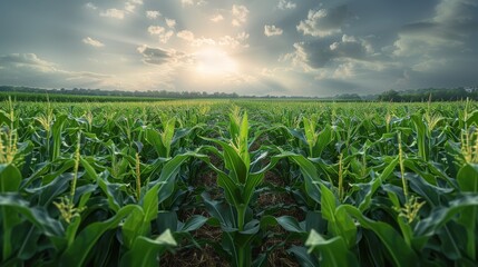 Wall Mural - A corn field. The corn stalks are still green. Generative AI.