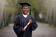 Black girl, portrait and diploma for graduation in outdoor, certificate and college or education achievement. Female person, student and degree for learning, scroll and campus ceremony at university