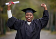 Black girl, celebrate and portrait for graduation in outdoor, certificate and college or education achievement. Female person, student and diploma for learning, scroll and ceremony at university