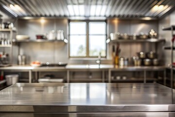 Steel table top with blurred empty kitchen background can be used for mocking up or display product to make advertising