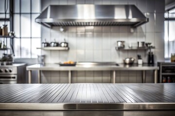 steel table top with blurred empty kitchen background can be used for mocking up or display product 