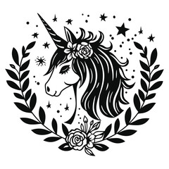 Wall Mural - head of an unicorn with magical flowers and leaves. black and white Vector illustration