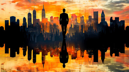 financial visionary overlooking cityscape at sunset