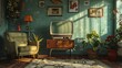 © thekob5123 - The vintage television Against the backdrop of Retro wallpaper and mid-century furniture.