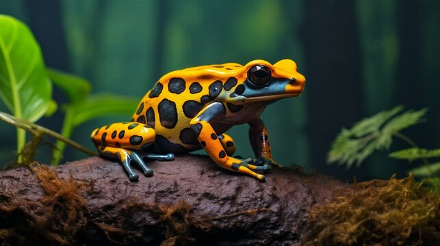 A vibrant poison dart frog with striking colors perched on a log in a tropical rainforest setting.