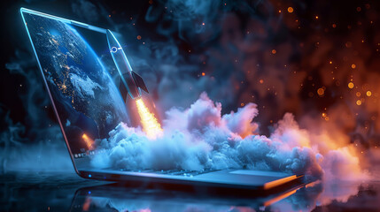 Aufkleber - An open laptop with a blue light and a rocket coming out of it, out of its base. Generative AI.