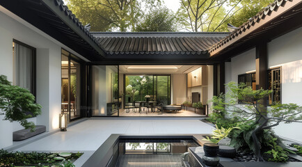 Wall Mural - 2 story new Chinese style courtyard with white walls and black tiles, featuring a simple and modern design, the courtyard features an outdoor dining table and chairs. Generative AI.