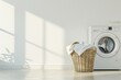 © Daria - Laundry basket on white background near modern washing machine, household chores and laundry concept