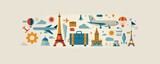 Fototapeta  - A modern banner showcasing a minimalist illustration of a suitcase, airplane, and iconic travel landmarks.