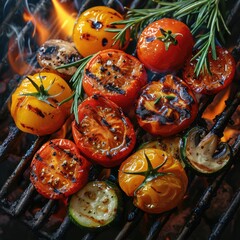 Wall Mural - juicy tomatoes, zucchini, mushrooms with spices on grill grate, top view, light smoke, coals and some fire, photorealism, high detail, 8K, high resolution, flat vector illustration