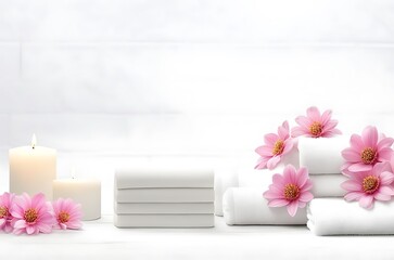 Wall Mural -  Spa background towel bathroom white luxury concept massage candle bath. Bathroom white wellness spa background towel relax aromatherapy flower accessory Zen therapy aroma beauty setting table salt oi