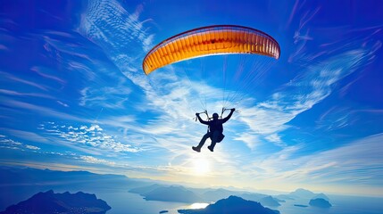 soaring serenity: a man riding a parachute through the sky