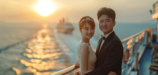 Wall Mural - A pair of Chinese youth, Stand on the cruise ship, Wedding dress photos, Happiness. Generative AI.