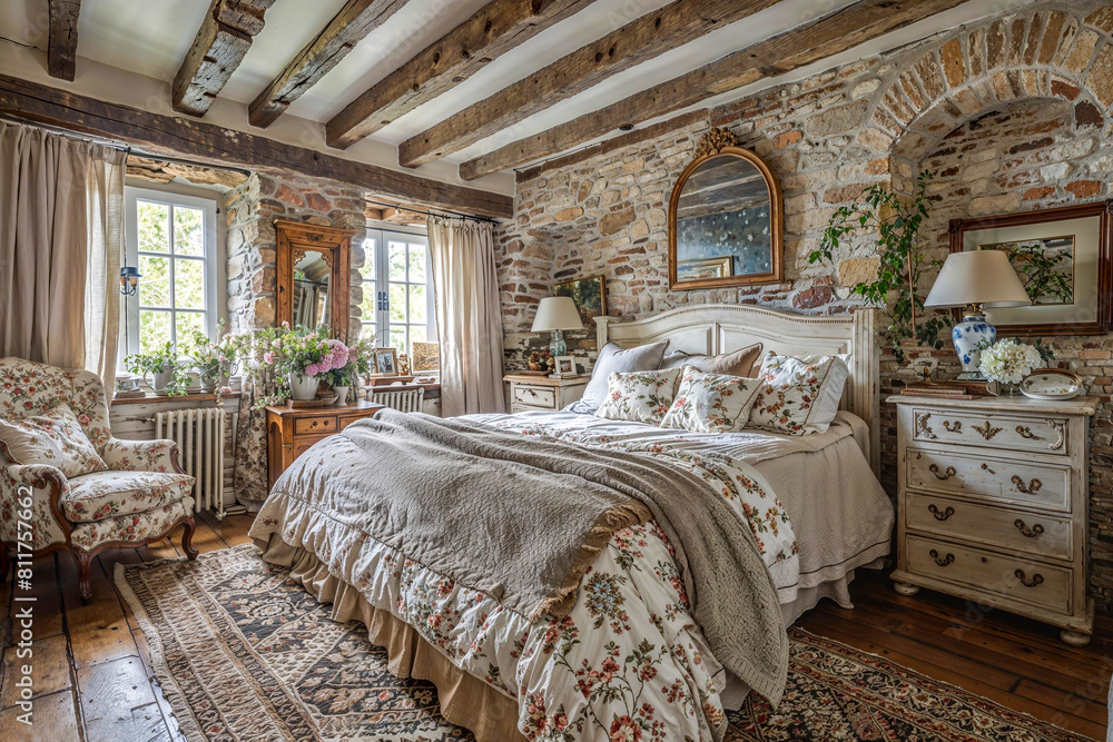 French country style master bedroom with wooden floor and beams and