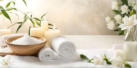 Wall Mural -  Spa background towel bathroom white luxury concept massage candle bath. Bathroom white wellness spa background towel relax aromatherapy flower accessory Zen therapy aroma beauty setting table salt oi