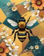 Bee having black and yellow stripes and fuzzy body, amidst a variety of flowers, with the geometric background providing a modern aesthetic contrast to the natural elements, Generative AI.