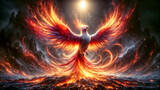 Fototapeta  - Majestic phoenix, mythical bird, rises from ashes, symbolizing rebirth and renewal.
