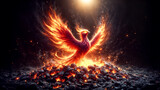 Fototapeta  - Majestic phoenix, mythical bird, rises from ashes, symbolizing rebirth and renewal.