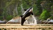 An orca whale jumping out of the sea in Vancouver Island, Canada