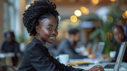 Aufkleber - A confident African woman in professional black attire, in a modern corporate office, working on laptops. Generative AI.
