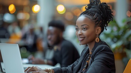 Aufkleber - A confident African woman in professional black attire, in a modern corporate office, working on laptops. Generative AI.