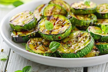 Wall Mural - Grilled zucchini pieces in plate on wooden table