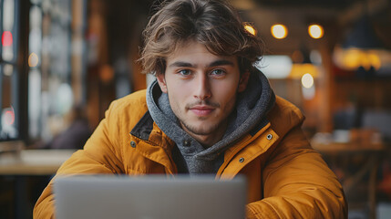 Wall Mural - Young man working on laptop, IT programmer freelancer or student with computer in cafe at table looking in camera