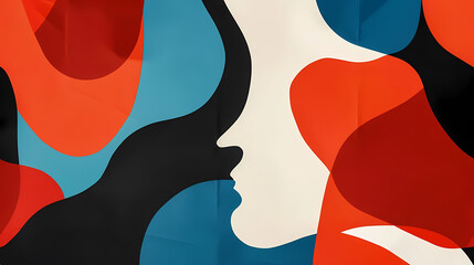 Wall Mural - minimalist composition with irregular shapes and bold colors, featuring a white face and a black woman