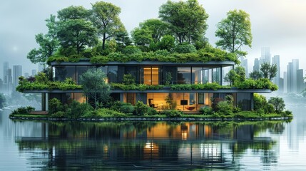 Wall Mural - A house with a lot of trees on it is floating on a lake