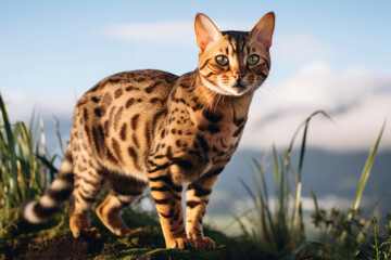 Wall Mural - Full-length portrait photography of a happy bengal cat belly showing on scenic mountain view