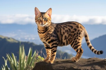 Wall Mural - Full-length portrait photography of a happy bengal cat belly showing on scenic mountain view