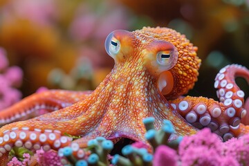 Wall Mural - Close-up view of an orange octopus with detailed suction cups against a colorful coral reef environment