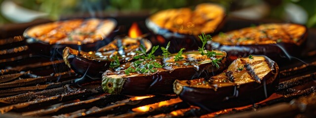 Wall Mural - grilled eggplants on the grill against the background of nature. Selective focus