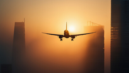 silhouette of a passenger plane flying over two skyscrapers, warm light, foggy weather
