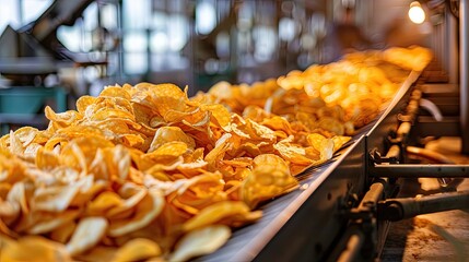 Potato chips production line at the factory. potato chips and snacks