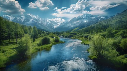 Wall Mural - A wide river flows through the valley, surrounded by green forests and snowcapped mountains in summer. The blue sky is full of white clouds. Generative AI.