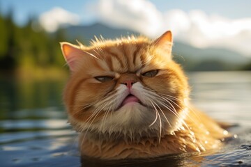 Wall Mural - Headshot portrait photography of a smiling exotic shorthair cat grooming isolated on tranquil lake