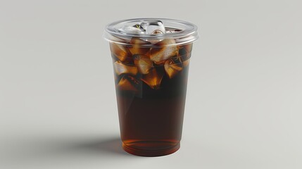 Wall Mural - A lifelike clear throwaway cup, a transparent plastic cup mockup with a lid, an iced coffee, 3D modeling, and rendering