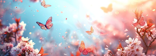 Wall Mural - beautiful spring cherry blossoms background, butterflies, created with ai