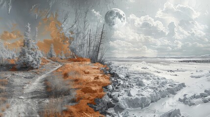 Wall Mural - A painting of a snowy landscape with a moon in the sky