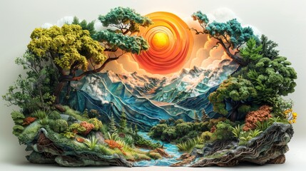 Wall Mural - A painting of a mountain landscape with a sun in the sky