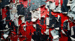 fond rempli de papiers déchirés collés au mur, couleurs noir blanc rouge	
