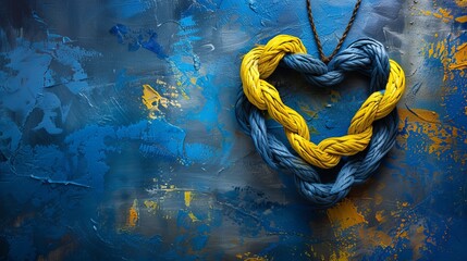 Ukrainian national flag colors are painted on a blue background in the shape of a heart, forming a Celtic knot made from braided cords. Concept of creative unity, faith, and protection