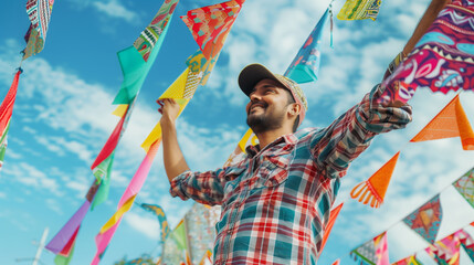 Poster - A man setting up festival banners for a celebration