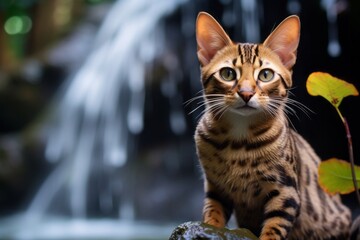 Wall Mural - Medium shot portrait photography of a smiling ocicat batting objects while standing against majestic waterfall