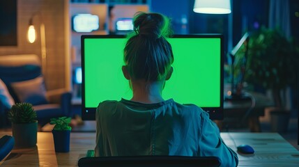 A young, Caucasian woman is working on a green screen, chroma-key desktop computer at her night office. Coders typing code, developing contemporary software, designing e-commerce applications.  