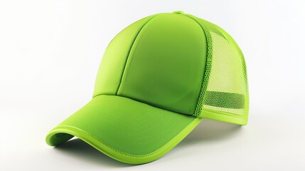 Isolated on a white background, a neon green trucker cap. Basic baseball cap. Mock-up for branding