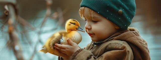 Wall Mural - a small child on a farm holds a duckling in his hands. Selective focus